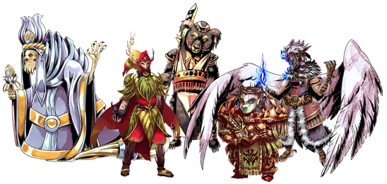 Party of Tegwyn Saga characters, left to right: tentacle-faced Sek'lar healer waving with his left hand, bark-skinned Wood Elf ranger holding a black squirrel, bear-like Basar phalanx with a glaive, female Black Dwarf warrior in heavy armor, and winged Dravwyn mage casting icy blue spell